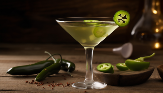 A light green colored drink, served in a martini glass, garnished with a small slice of a jalapeno pepper.