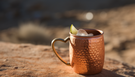 A refreshing looking cocktail served in a copper cup, garnished with a lime slice.