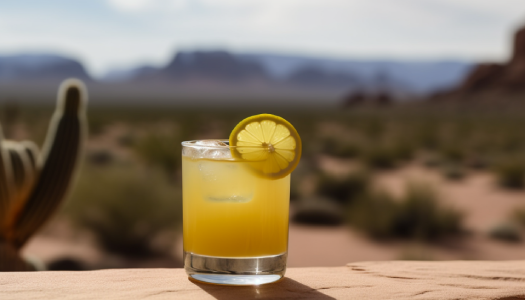 A golden colored whiskey sour, garnished with a lemon, served with a big ice cube.