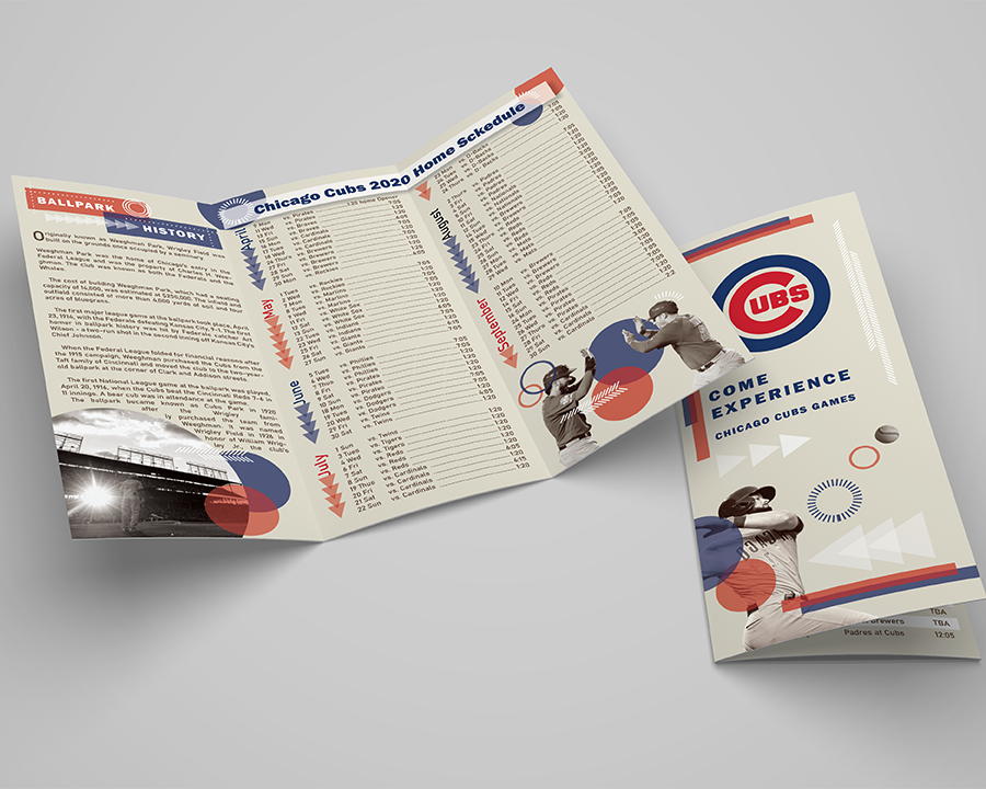 Brochure Design for Cubs, Chicago baseball team with monocrome colors and Cubs' indentity red and blure colore