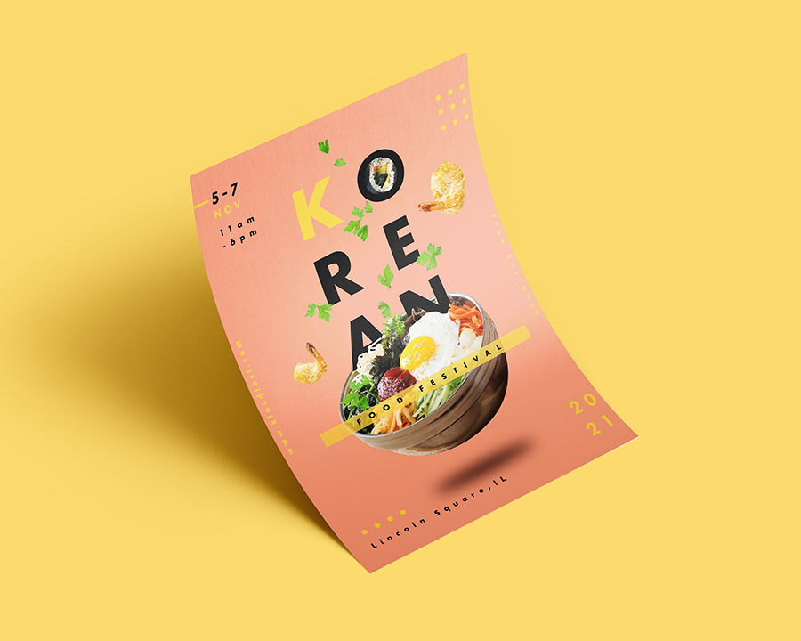 Poster design for Korean Food Festival using PhotoShop to create the project. Image of Korean dish called Bibimbab in the orange background color