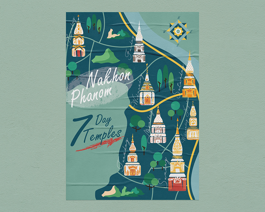 Illustration design poster of small town in northeastern Thailand. Display 8 temples, and they are the travel destination in the Small town