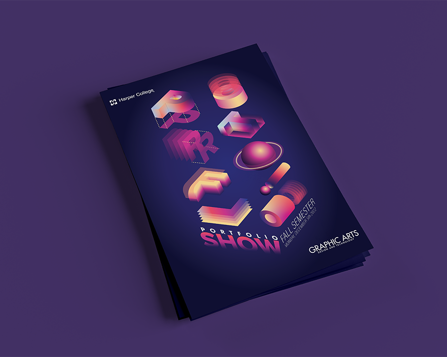 Portfolio Show postcard. Isometric style design with dark purple and hot pink as main colors on portfolio text elements
