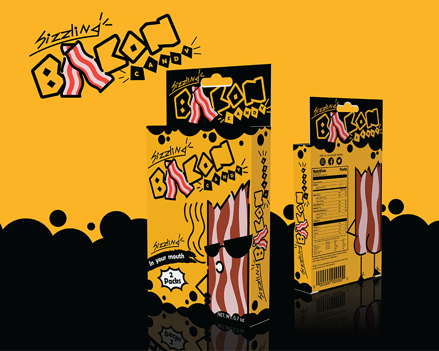 Package and logo design for a class project on discontinuing bacon candy product. Turning bacon into a cartoon mascot