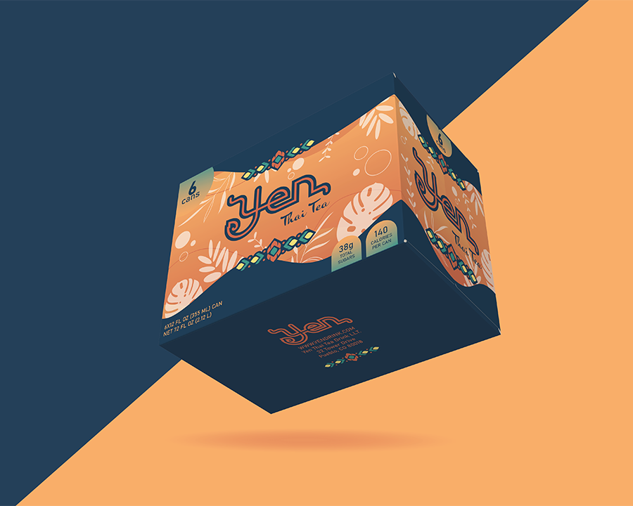 Can-holder design for six cans of Thai milk tea. Orange and blue are the main colors with white florals illustration decoration on it