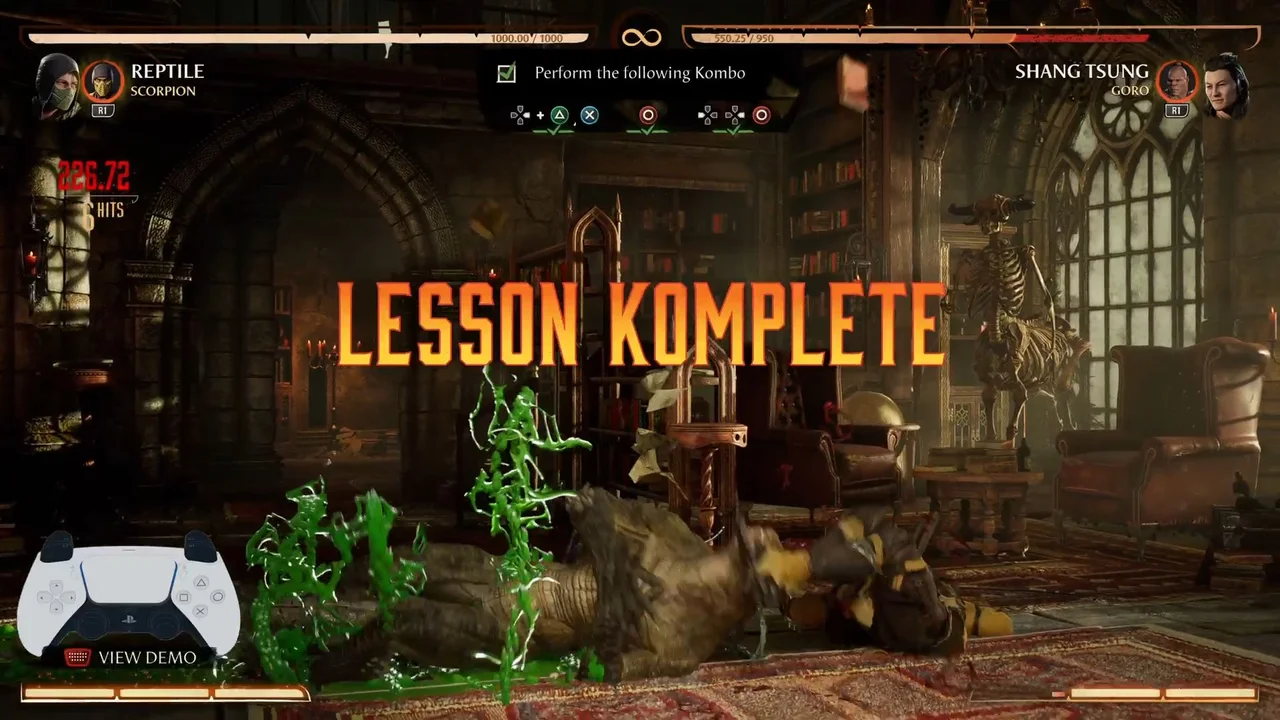 Mortal Kombat 11 characters Reptile and Shang in game practice mode