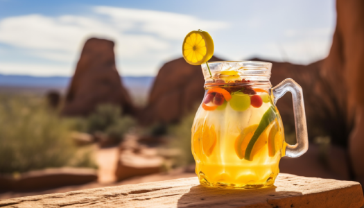 A light colored drink with slices of tropical fruit mixed in.