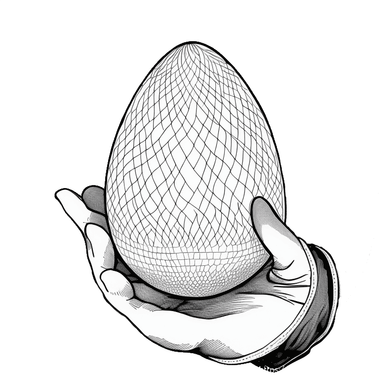 Mythical Creatures Emporium Logo - a simple line drawing of a gloved hand holding a dragon egg